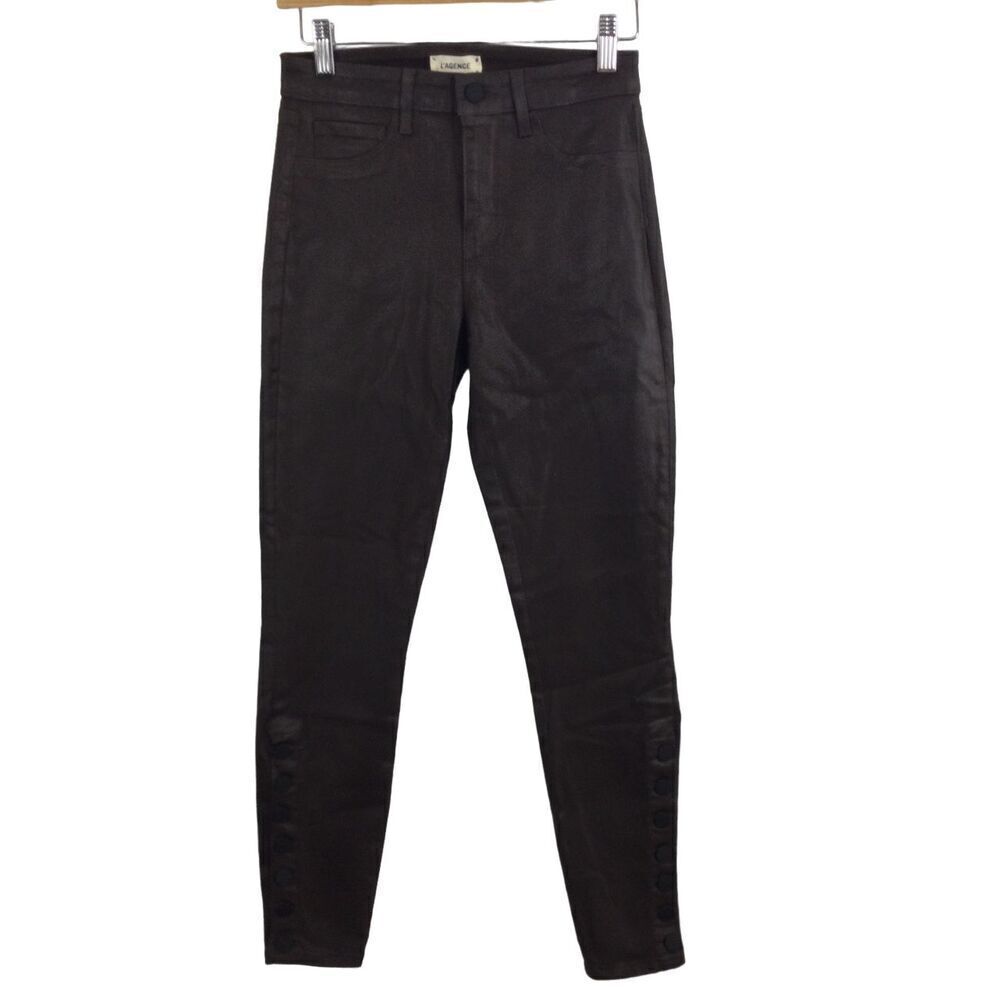 L'Agence Womens Margot Cotton High Rise Coated Skinny Jeans Cocoa Brown Size 26